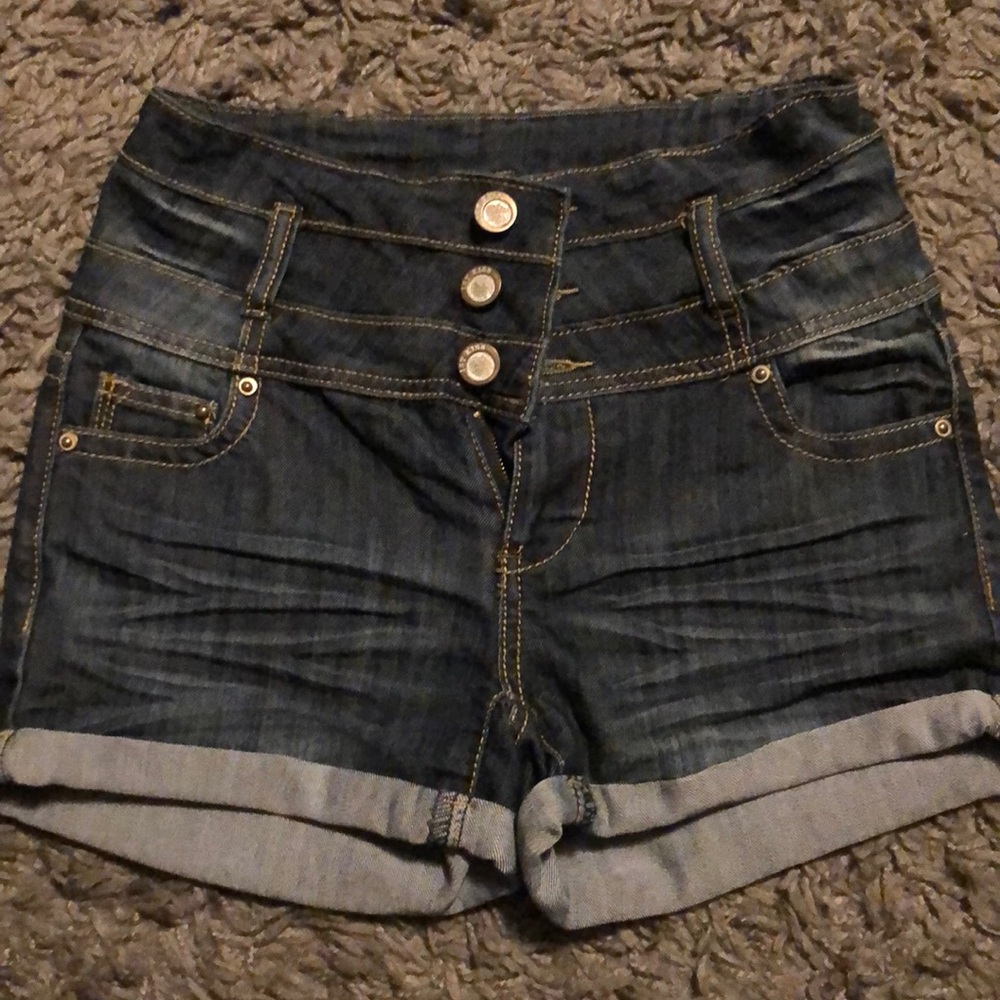 1st Kiss High Wasted Button Up Dark Jean Shorts